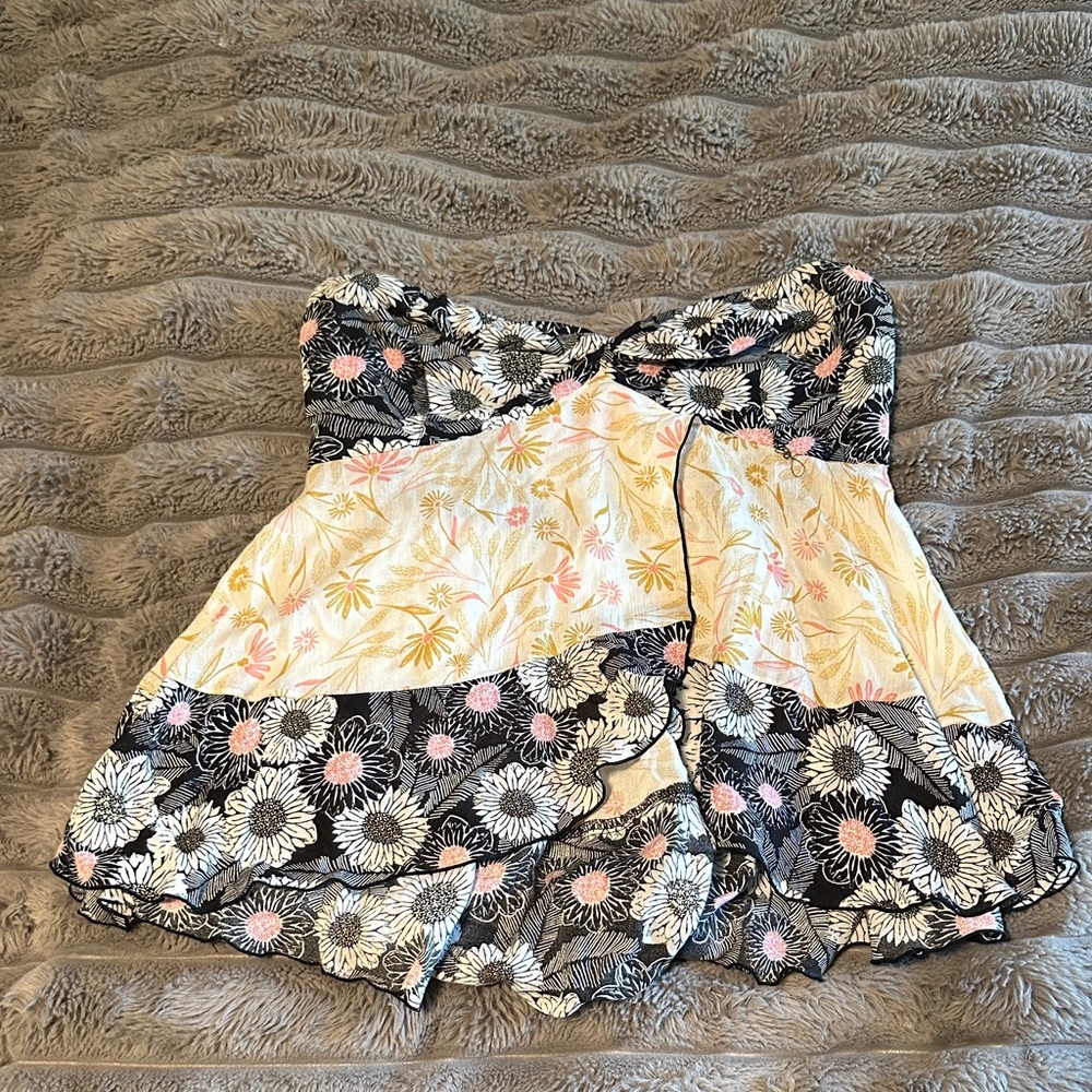 Free People Black and Pink Floral Strapless Top